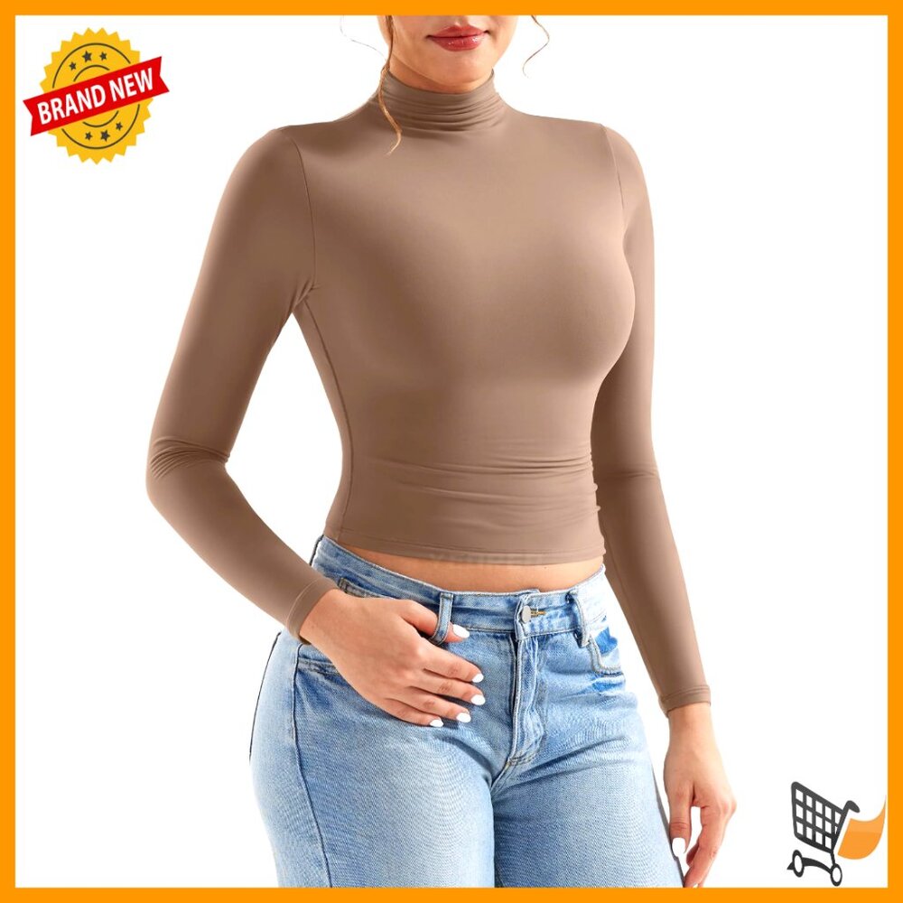 Long Sleeve Mock Neck Crop Top Y2k Thermal Workout Shirt Double Lined
